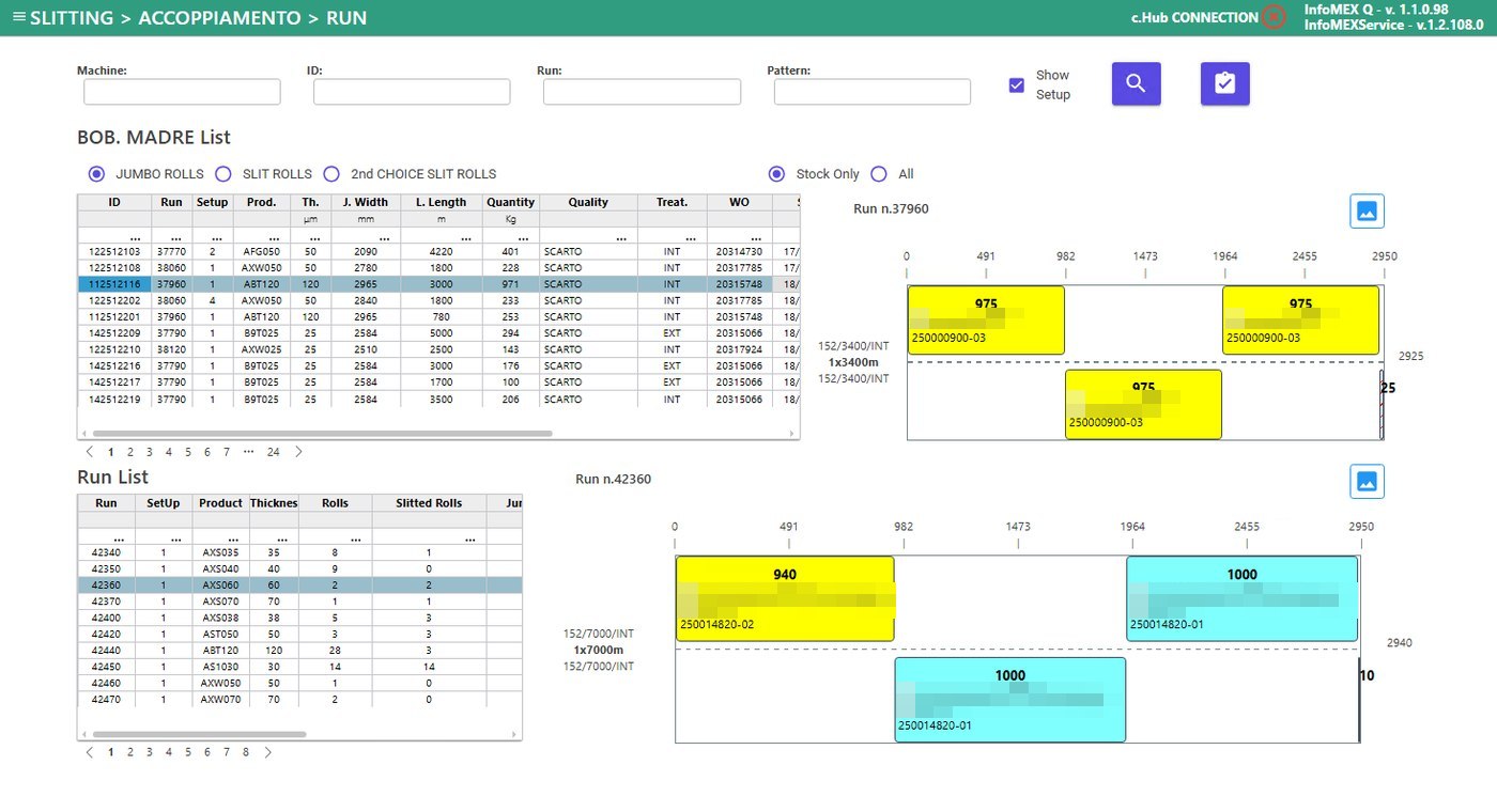 InfoMex web interface showing slitting runs and jumbo roll coupling